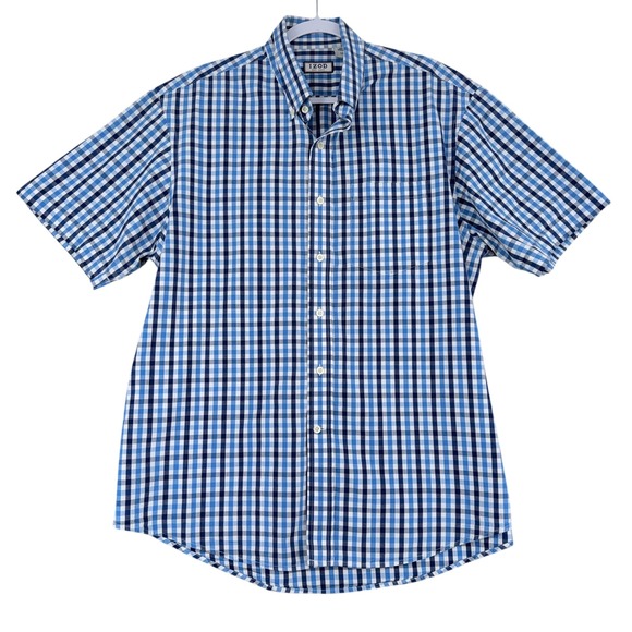 Izod Other - IZOD‎ Mens Short Sleeve Button Down Shirt Blue Gingham Plaid Size L G